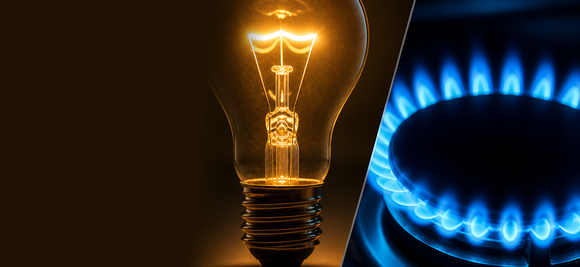 A glowing light bulb on the left and an active blue gas burner on the right, split diagonally.